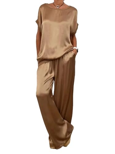 Women's Smooth Satin Two Piece Sets Outfits O-Neck Short Sleeve Top Wide Leg Pant Casual Loose Suits