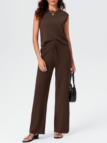 Imily Bela Womens 2 Piece Outfits Sweater Sets Knit Summer Casual Crewneck Sleeveless Tops Wide Leg Pants Tracksuits2