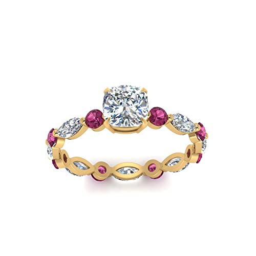 Image of 55Carat Choose Your Gemstone Marquise and Round Eternity Engagement Ring Yellow Gold Plated Cushion Shape Side Stone Engagement Rings Lightweight Office Wear Everyday Gift Jewelry US Size 4 to 12