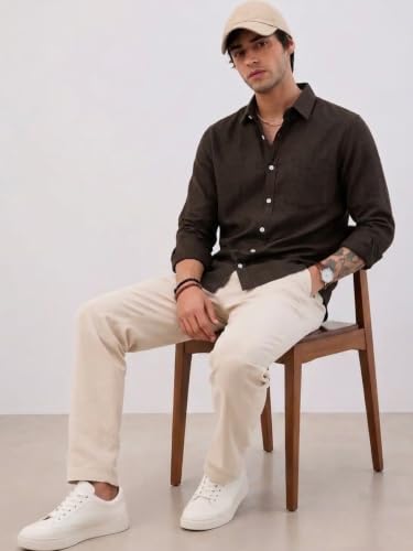 Image of Men's Brown Linen Casual Full Sleeve Shirt with Chest Pocket