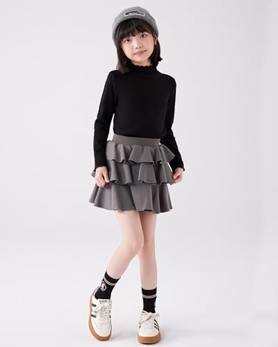 Image of ACESTAR Girls Solid Lettuce Trim Mock Neck Shirt Long Sleeve Slim Fit Ribbed Knit Tee Ruffle Tops Soft Base Layer