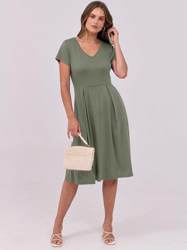 Image of ANRABESS Women Summer Dress Casual Short Sleeve V Neck A-Line Knee Length Pleated Flowy 2026 Fashion Midi Dresses with Pocket