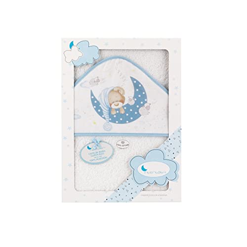 Interbaby - Capa de Baño Bebe Blanco/Azul | Toalla Bebe con Capucha 100% Algodón, 100x100cm, Unisex | Suave, Cómoda, Secado Rápido | Ideal Recién Nacidos, Bebes y Niños Pequeños | Diseño Bear Sleeping