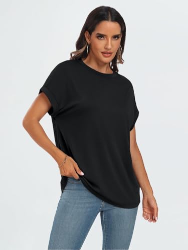 Cuptacc Camiseta Mujer Verano Cuello Redondo Manga Corta Oversize Básica Unicolor Negro Talla XXXL