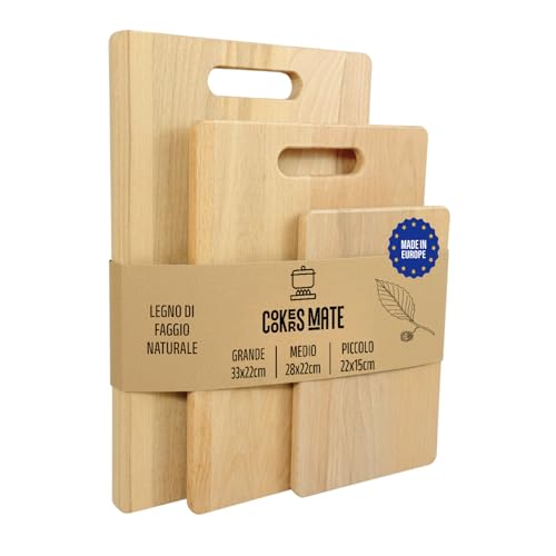 COOKERS MATE Set di 3 Taglieri in Legno di Faggio, Taglieri da Cucina con Manico, Set aperitivo, Cutting board wood, Made in Europe, 33x22/28x22/22x15 cm