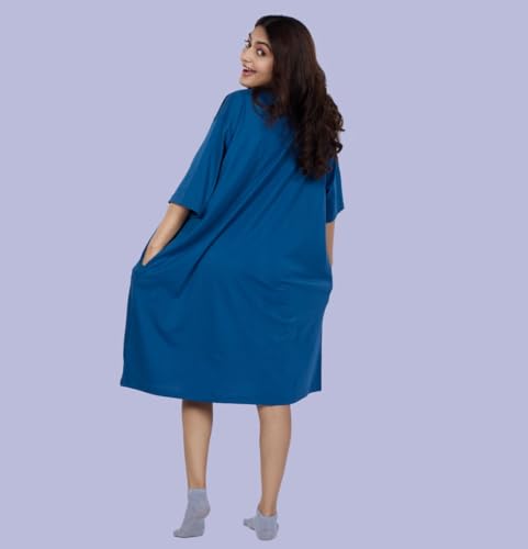 Image of LAMA STORE Women's Printed Oversized T-Shirt Dress, Cotton, 3 /4 Sleeve Length, Casual Loose Fit, Comfort Wear Extra Comfy Oversized Printed Pocket T-Shirt Dress