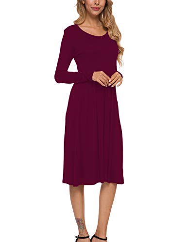 MISFAY Women's Long Sleeve Pockets Empire Waist Pleated Loose Swing Casual Flare Midi Dress (L, Wine Red)