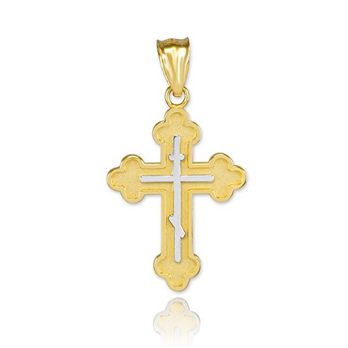Solid 10k Gold Eastern Orthodox Cross Charm Pendant (White-and-Yellow-Gold)