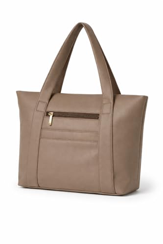 Image of Women's Brown Leather Tote Bag for Office | Laptop Handbag with 11 Inch Compartment, Multiple Pockets & Zipper | Large Capacity Work Shoulder Bag for Daily Use & Travel | quality material