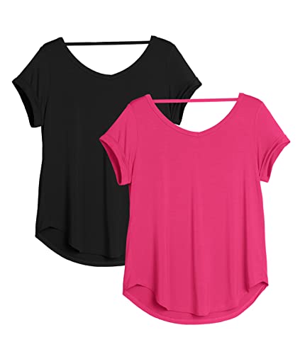 Image of icyzone Open Back Yoga Shirts for Women - Exercise Workout Tops, Athletic Short Sleeves, Running T-Shirts Loose Fit