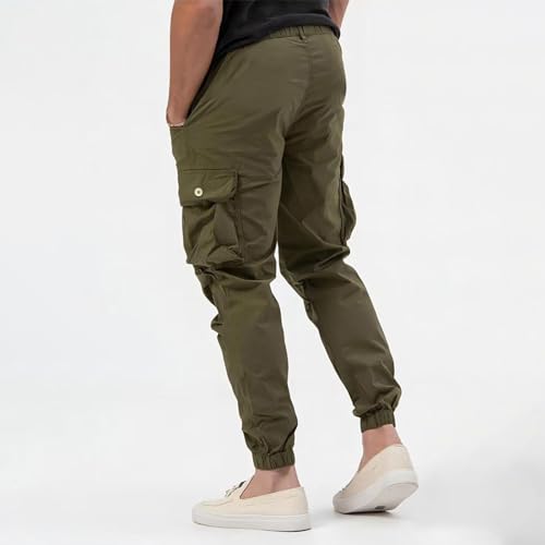 Mens Casual Cargo Pants Tapered Stretch Twill with Drawstring Elastic Waist & Multiple Pockets for Everyday Wear2