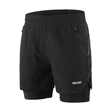 ARSUXEO Men's 2 in 1 Active Running Shorts with 2 Zipper Pockets B191 Black L Cover