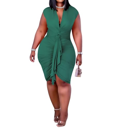 Image of IyMoo Women's Sexy Plus Size Bodycon Sleeveless Drawstring Ruched Mini Club Dresses