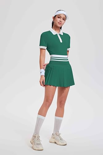 Image of Tennis Skirt Sets for Women Zipper Color Block High Waisted Golf Polo Two Piece Skirt Set Women 2 Piece Outfits
