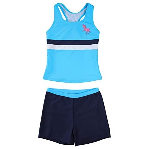 DUSISHIDN Bamode Mädchen,  Weste für Kinder Zweiteiliger Blau Badeanzug und Rosa Einhorn L Cover