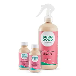 Born Good Plant-based Tap & shower cleaner concentrate | Makes 1L | Non corrosive, Biodegradable, Eco-Friendly | Hard-Water Stain Remover | Dissolves Limescale, Mineral Deposits | Skin safe | 100ml