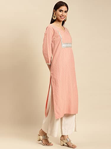 Image of rangita Peach Rayon Calf Length Embellished Straight Kurti for Women | Kurta for Women