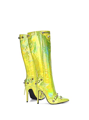 Cape Robbin Womem Knee High Boots Pointed Toe Stiletto Heels Side Zipper Rivets Tassels Boots3