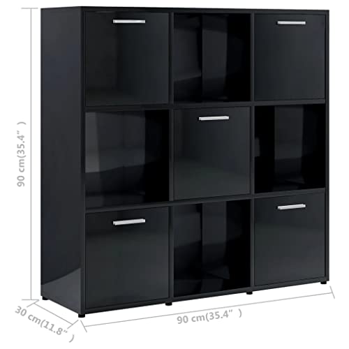 Bigbarley Modern Stylish Bookcase, 9-Shelf Cube Book Cabinet With 5 Doors, Storage Organizer For Bedroom, Living Room And Home Office High Gloss Black 35.4"X11.8"X35.4" Engineered Wood #TOP2