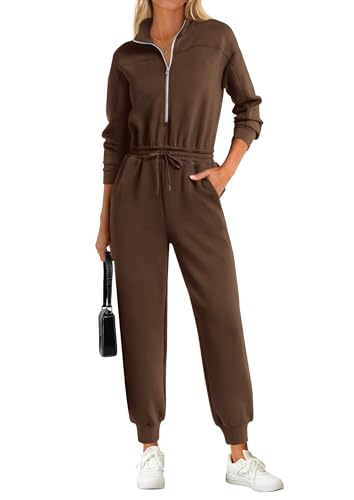 PRETTYGARDEN Long Sleeve Jumpsuits for Women Casual 2026 Fall Fashion Zip Up Pant Rompers One Piece Sweatsuits Travel Outfits (Brown,Large)