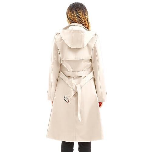 Garemcy Women's Long Waterproof Trench Coat Double Breasted Classic Lapel Coat Belted with Detachable Hood, Beige, L - Image 2