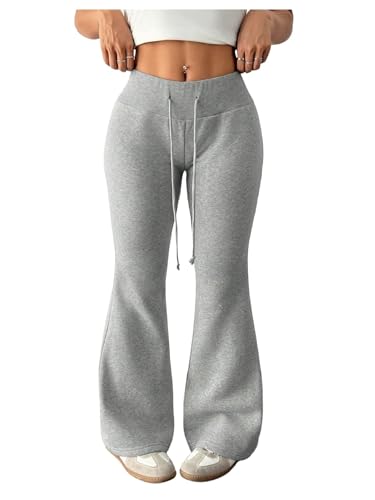 Verdusa Womens Fleece Lined Pants Drawstring Elastic Waist Flare Sweatpants Casual Bell Bottom Pants Winter Outfits Light Grey Medium Petite