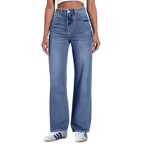 Wide Leg Jeans Woman Trendy High Waisted Baggy Jeans Stretchy Pull On Straight Leg Mom Jean Casual Denim Pants4