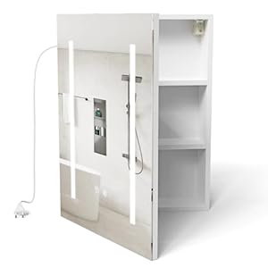 Supfine Spiegelschrank Bad mit LED Beleuchtung, MDF Weiß, 3-Farbige Beleuchtung mit Berührungssteuerung, Verstellbare Einlegeböden, Steckdose und Lichtschalter, Antibeschlag (60x80x15 cm)