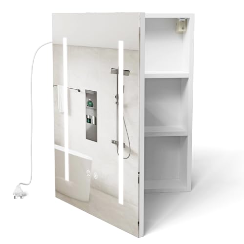 Supfine Spiegelschrank Bad mit LED Beleuchtung, MDF Weiß, 3-Farbige Beleuchtung mit Berührungssteuerung, Verstellbare Einlegeböden, Steckdose und Lichtschalter, Antibeschlag (60x80x15 cm)