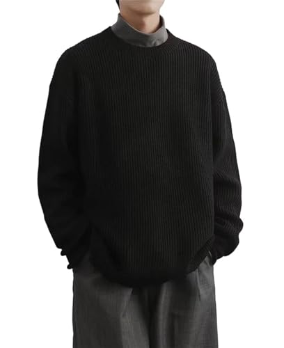 Men Oversized Knit Sweater Solid Color Loose Fit Crewneck Pullover Soft Purple Jumper Black Tops