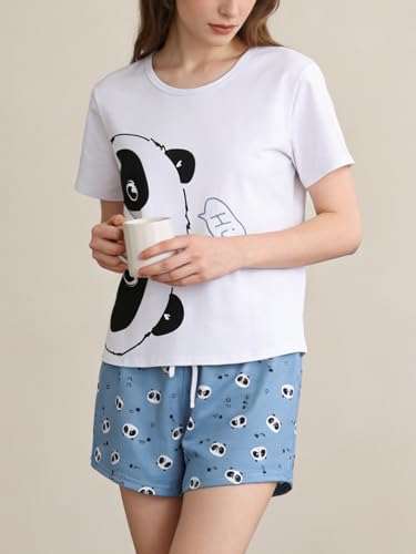 Image of VENTELAN Pajama Set For Women Cute PJS Summer Short Sleeve Shorts Sleepwear