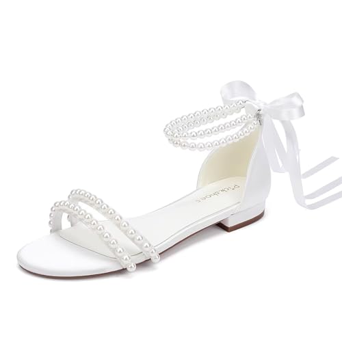 Pickshoes Pearl Flats Bridal Sandals Wedding Flats for Bride Open Toe Beach Wedding Shoes-White-9