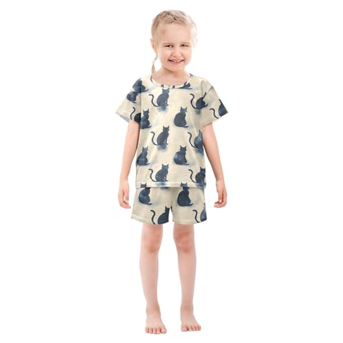 ALAZA Watercolor Cat Kitten Pajamas Set Short Sleeve Cotton Sleepwear Summer Pjs 2 Piece 5-14Y3