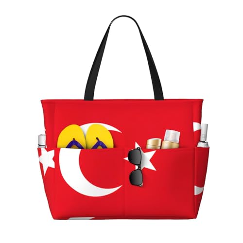 Flag Of Turkey Extra Large Tote Bag For Women,Foldable Beach Bag With Pocket Weekender Travel Overnight Bag