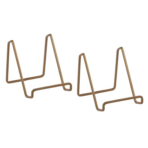 TRIPAR 4-Inch 2 Pack Metal Venetian Gold Square Stand, Square Wire Easel, Small Photo Stand, Small Book Holder Stand for Table, Display for Picture Frames, Plaques and Plates