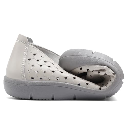 Image of Women's Summer Slip On Loafers, Breathable Perforated Hollow Cutout Flats, Comfortable Vegan Leather Walking Work Shoes for Women, Heart Floral Geometric Pattern Soft Sole Casual Summer Footwear