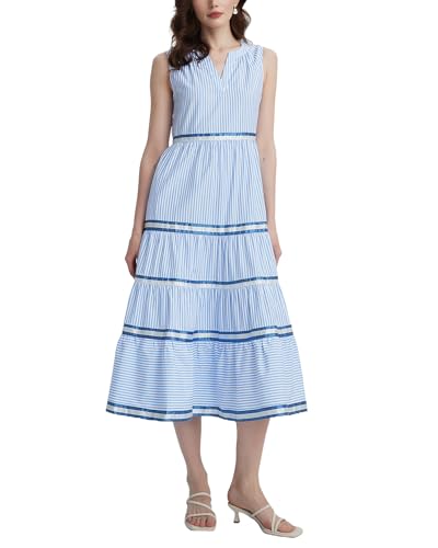 Women's Sleeveless Striped Tiered Maxi Dress Casual V Neck A Line Long Flowy Beach Dress