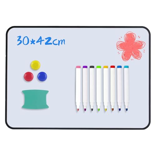 Pizarras Blancas de Borrado en Seco, Tamaño A3 Pizarras Blancas Pequeñas de Doble Cara, con Rotuladores de Borrado en Seco, Borrador, Imanes para Escuela Hogar Oficina Dibujo Escritura, 42x30 cm