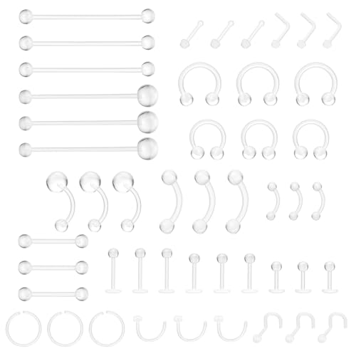 Tucnoeu Set de 48 piercings acrílicos transparentes para nariz, labio, tabique, ceja, lengua, piercing industrial, acrílico para joyería quirúrgica