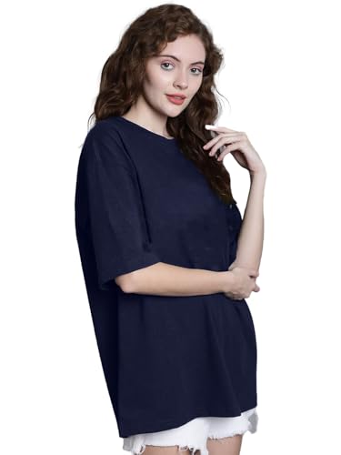 Image of LEOTUDE Women's cotton Oversized Fit Oversized Half Sleeve Tshirt, Round Neck Longline Drop Shoulder Solid T-Shirt