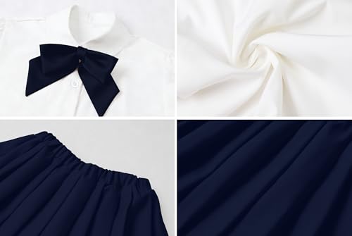 Image of Betusline Girls Skirt Set JK School Uniform 2-Piece Outfit - Short Sleeve Shirt with Bow & Webbing Style Solid Pleated Skirt,Webbing Navy Blue, 4-5 T = Tag 120