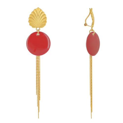 LES POULETTES BIJOUX - Boucles d'Oreilles Clip Laiton Feuille Pastille Émaillée et Fils Pendants - Rouge