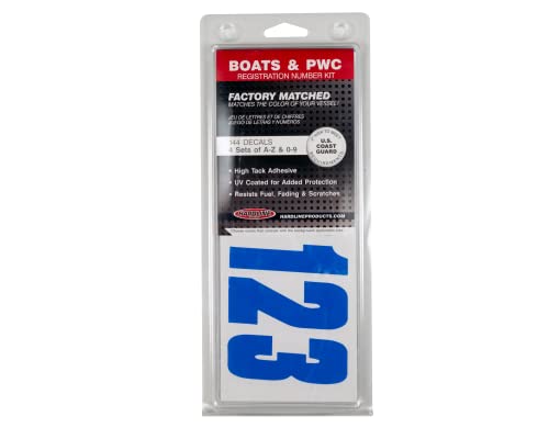 Image of Hardline Products USA Series 350 Boat Registration Numbers Kit, 3 Inch Solid Blue - Marine Grade Vinyl Lettering for Hull, PWC, Jet Ski & Pontoon - USCG Compliant, UV & Fuel Resistant