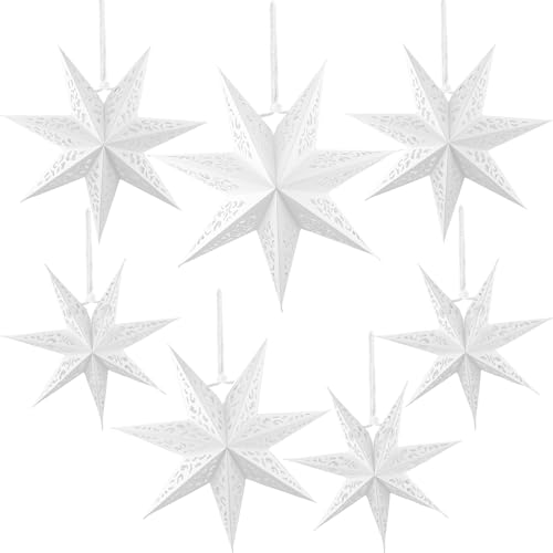 7-Piece Christmas Paper Lanterns - White, Large 7-Pointed Star Shades, Hanging Decorations for Holidays, 4 Sizes