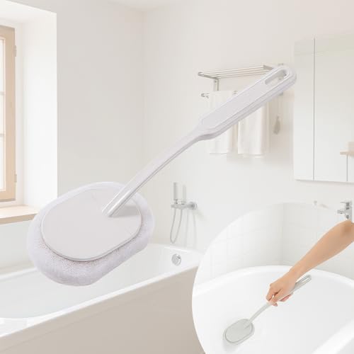 Image of Long Handle Sponge Scrub Bathroom Brush, Sponge Cleaning Brush with Handle Large Wall Scrubber Shower Long Handles Brush for Tableware, Kitchen, Toilet, Bathroom Cleaning Tools Accessories White