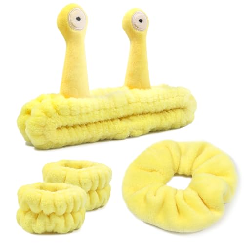 Face Wash Headband Skincare Wrist Bands for Washing Face Set Spa Hair Bands Gift for Women Girls with a Hair Scrunchie Cute Yellow snail tentacle Elastic Headband for Face Washing Makeup Skincare