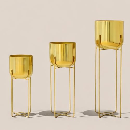 Image of Gold Metal Planters Set of 3 with Stands, 16 /19 /24.5 Inch Tall Decorative Indoor Plant Pots for Living Room, Balcony & Office