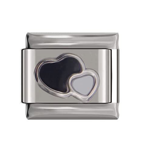 Italian Charms Birthstone Colour Double Heart Black and White Charm | 9mm Link | UK stock
