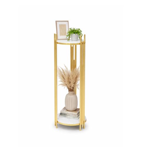 Image of Modern Gold Plant Stand 2 Tier | Metal Flower Pot Stand with Marble Finish Shelves | Decorative Corner Plant Holder for Living Room, Bedroom & Balcony