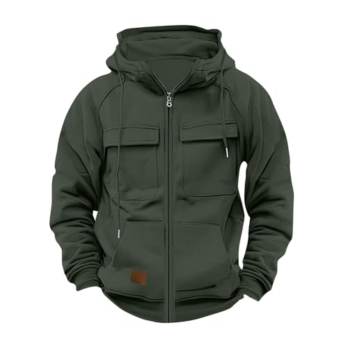 Hoodies for Men, Men's Solid Long Sleeve Zipper Hooded Pullover Cargo Outdoor Tactical Sweatshirts with Pockets